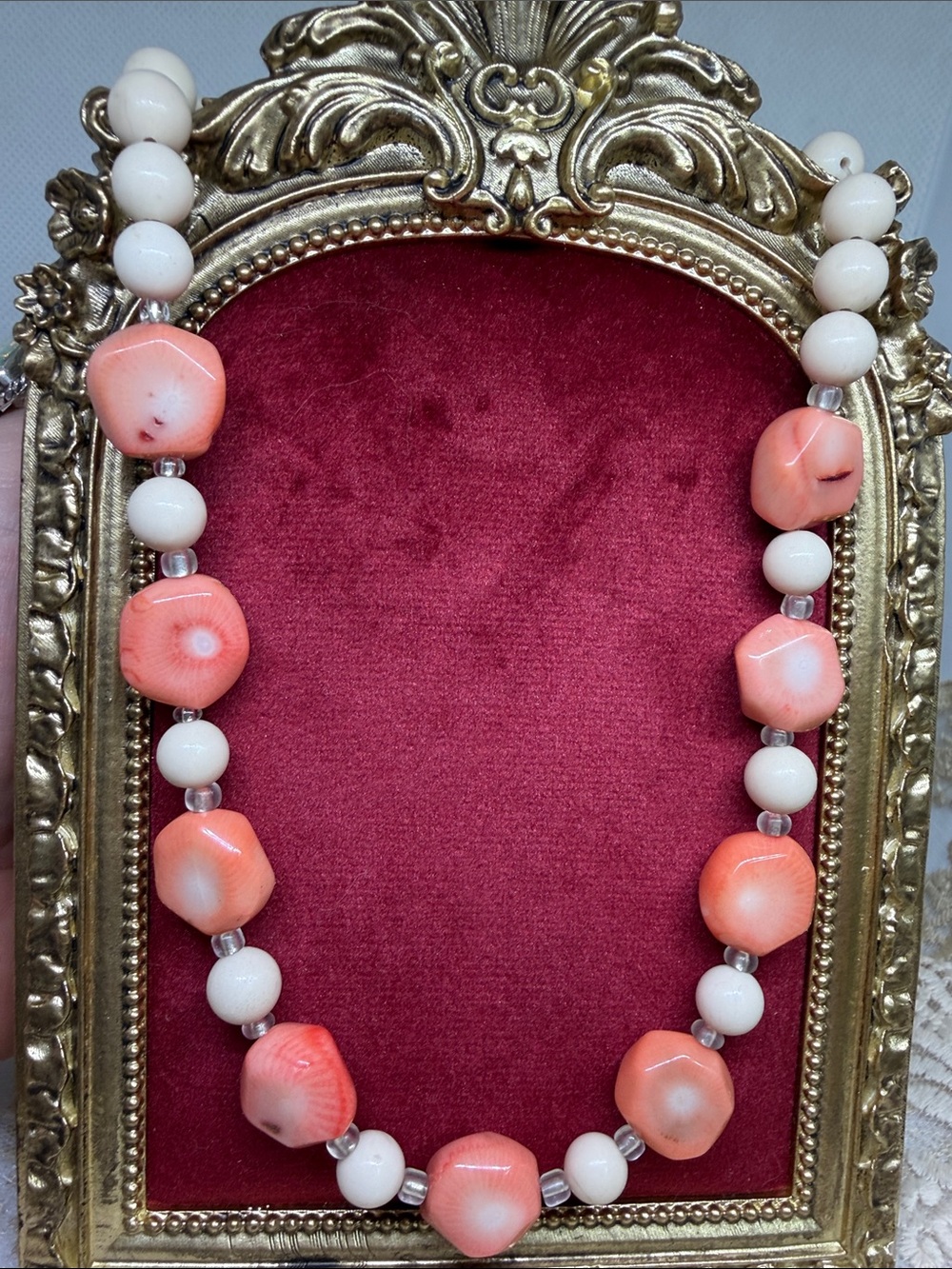 OOAK Vintage Angel Skin Coral White Agate Necklace Pre-Ban Estate Handmade 22”